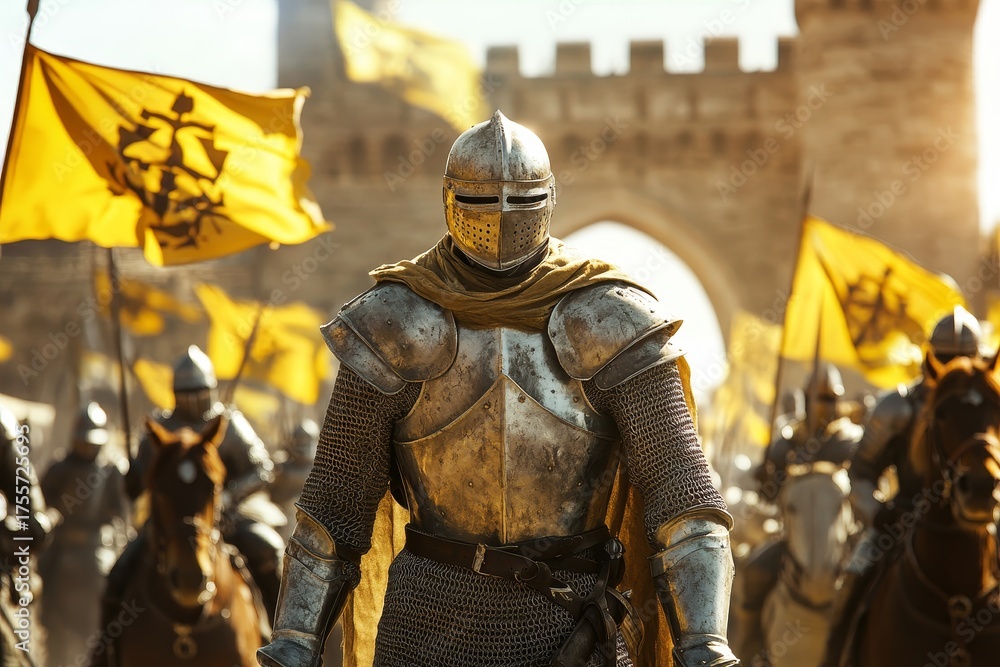 Fototapeta premium In anticipation of the jousting tournament, a knight carefully prepares, adorning himself in polished armor and grasping a decorative lance, as a large crowd of people gathers to watch