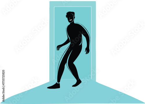 Smiling man walking through open doorway conceptual silhouette illustration