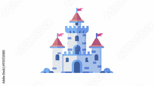 Flat illustration of a blue and white castle with pink flags and red roofs