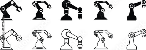 Robotic Arm Icon Set and Industrial Automation Vector Collection Group of Mechanical Robot Hand, Factory Machine, Engineering Technology Symbol in Black Flat and Line Style