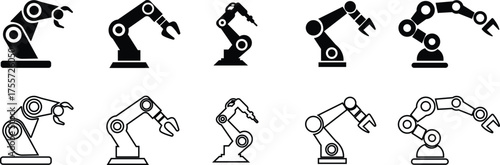 Robotic Arm Icon Set and Industrial Automation Vector Collection Group of Mechanical Robot Hand, Factory Machine, Engineering Technology Symbol in Black Flat and Line Style