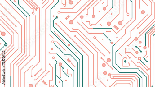 Abstract circuit board pattern with intricate interconnected lines and dots in pink and teal