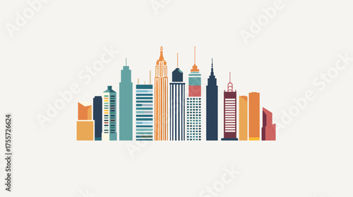 Colorful flat vector illustration of a city skyline with various tall buildings