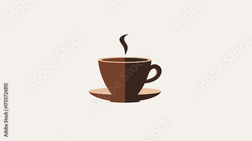 A minimalist illustration of a steaming brown coffee cup and saucer on a light background
