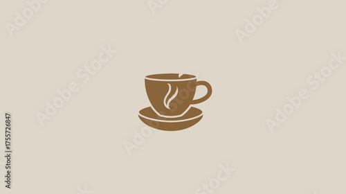 A simple brown silhouette of a steaming coffee cup on a saucer, set against a muted backdrop