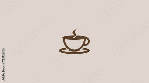 A simple brown icon of a steaming coffee cup sits on a saucer