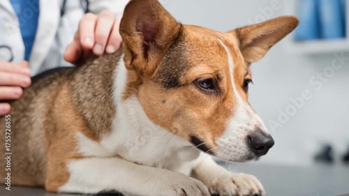 Sad puppy at the vet – close-up during medical examination