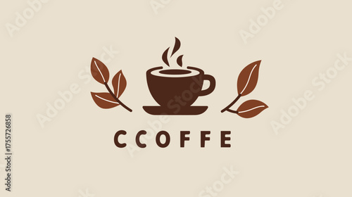 A stylized coffee cup with steam, framed by brown leaves, with text below