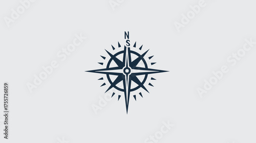 A minimalist dark blue compass rose design on a light gray background