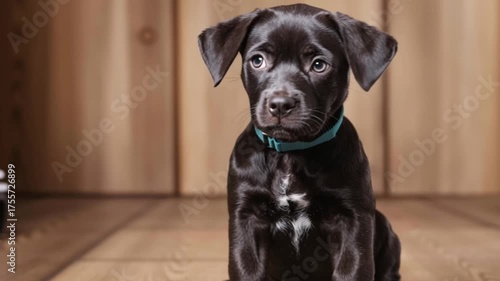 Sad puppy portrait with collar and wooden background closeup