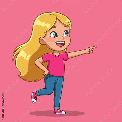 Smiling Girl Cartoon Character Pointing Happy Female Kid Vector Illustration Children Design Art