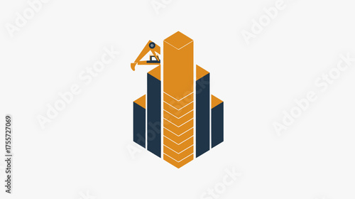 Abstract geometric construction with excavator building a tall structure