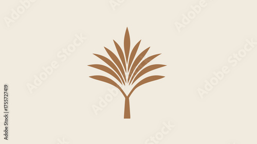 A minimalist brown palm frond silhouette against a light beige background