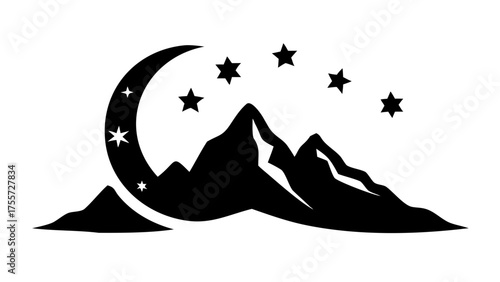 Silhouette of mountains under a crescent moon and stars in a black and white landscape scene design