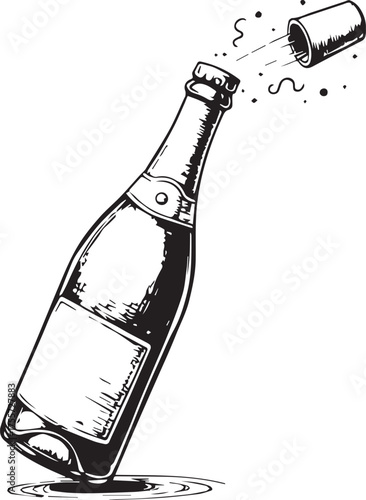 An illustration of a champagne bottle with cork being popped to celebrate an event.
