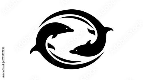 Two dolphins swimming in a circle in a black and white design forming a yin yang symbol illustration