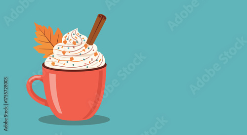 Warm autumn beverage with whipped cream cinnamon stick and sprinkles in a red mug.