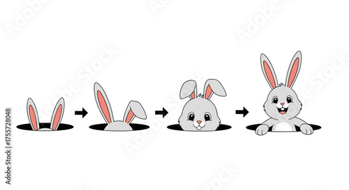 Cute cartoon bunny peeking out of a hole step by step illustration.