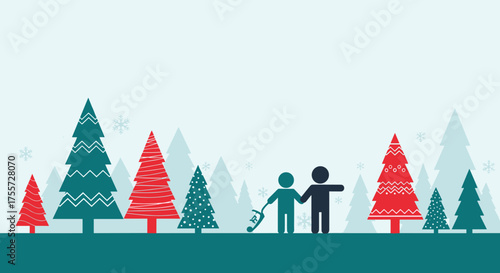A family walks through a snowy forest with their Christmas tree.