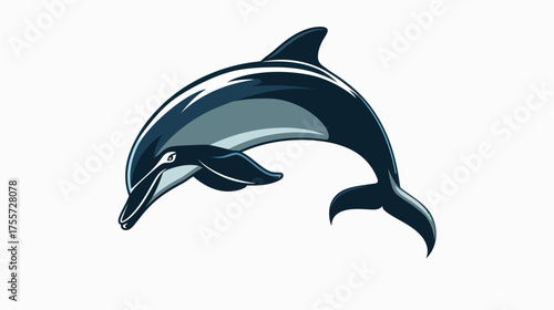 A stylized, dark blue and gray dolphin leaps gracefully against a white background