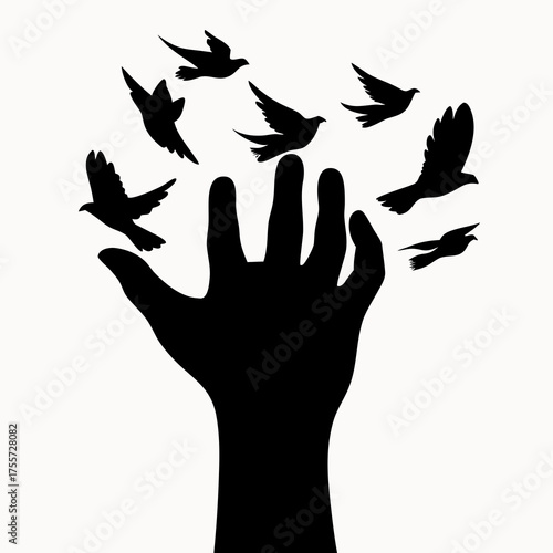 Silhouette of a hand with birds flying away representing freedom and release in a minimalist design style