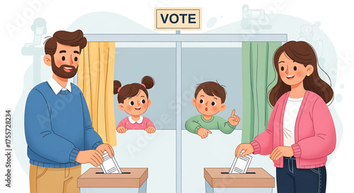 A family votes together at a polling station, with children watching from behind the voting booths.