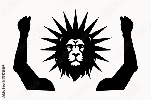 Stylized lion head with spiky mane and raised arms in black and white design aesthetic illustration