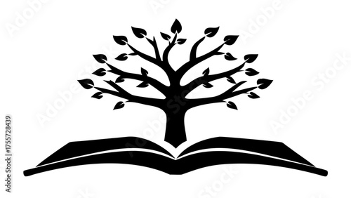 Silhouette of a tree with leaves growing from an open book against a white background in black and white