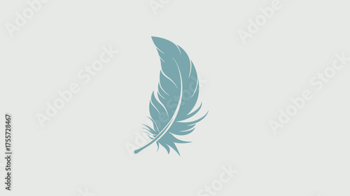 A single light blue feather floats against a pale gray background