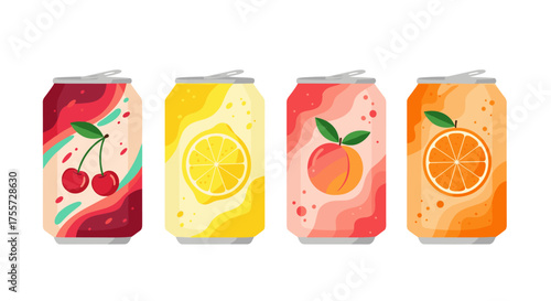 A vibrant collection of refreshing fruit flavored soda cans perfect for a summer day.