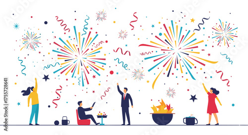 People celebrating a festive occasion with fireworks and confetti.