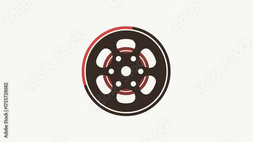 Minimalist graphic of a dark brown film reel with red accent