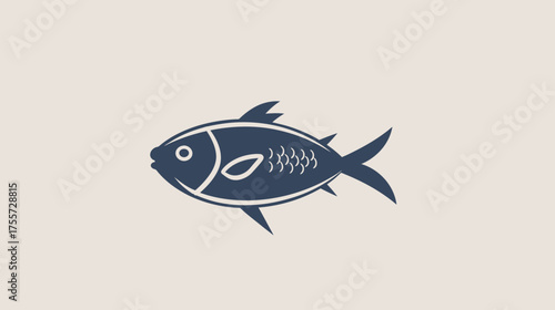 Stylized dark blue fish silhouette with white eye and fins on light beige background