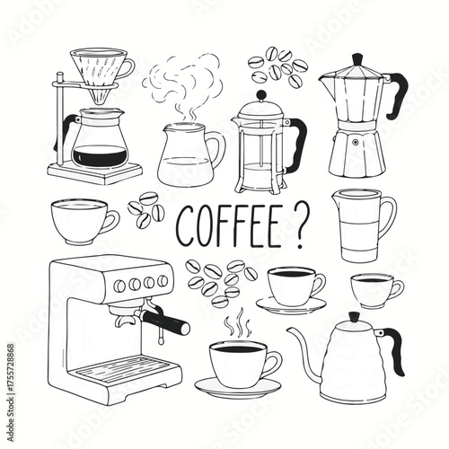 Hand Drawn Chalk Coffee Vector Set – Minimalist Line Art Icons in Crayon Style for Café Menu and Social Media Design