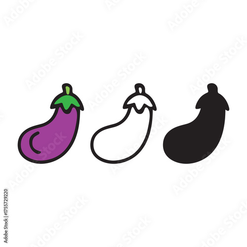 simple 3 flat black, paper, and line art brinjal vector fruits icon art in white background