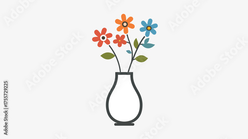 A simple vase holds a bouquet of colorful, stylized flowers