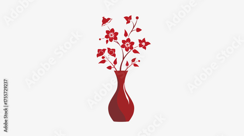 A minimalist, deep red vase holds blooming branches with delicate red flowers
