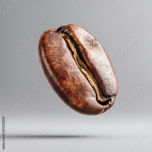 Ultra High-Definition Macro Shot of a Single, Floating Roasted Coffee Bean with a Shadow on a Neutral Grey Background

