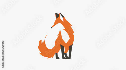 Stylized orange fox with black accents sits alertly on a white background