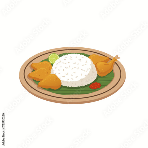 Flat vector illustration of rice served with vegetables and fried chicken breast on plate, traditional meal presentation, isolated on pure white background.