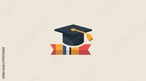 A dark blue graduation cap with a yellow tassel rests atop a red ribbon with colorful stripes