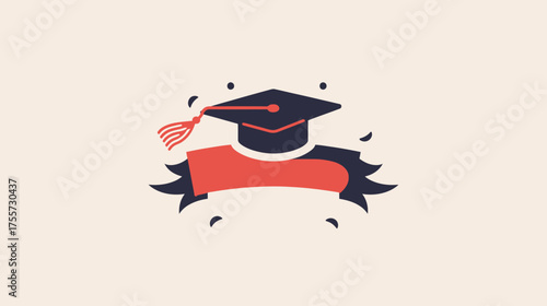 A graduation cap with a tassel and red ribbon banner, set against light background
