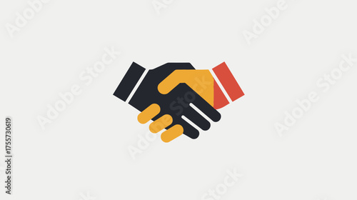 Two hands clasped in a handshake, one black, one orange and red