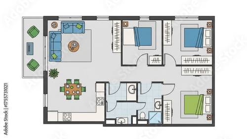 Modern Three Bedroom Apartment Floor Plan With Balcony And Open Kitchen