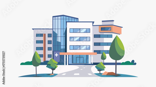 Modern medical facility with glass tower, entrance, and surrounding trees