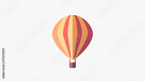 A striped hot air balloon with a basket floats against a white background