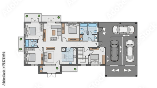 Detailed Architectural Floor Plan of a Modern Luxury Residence with Integrated Garage and Multiple Living Spaces