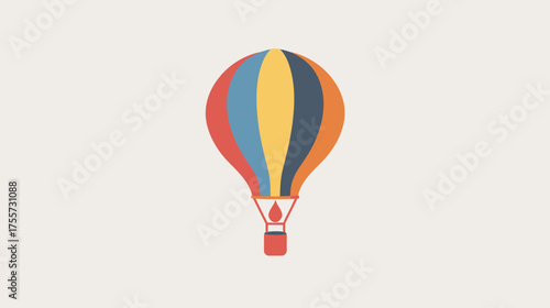 A colorful hot air balloon with a basket and flame against a neutral background