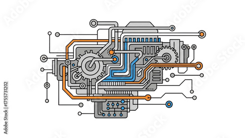 Mechanical Machine Abstract Engineering Illustration with Gears and Piping