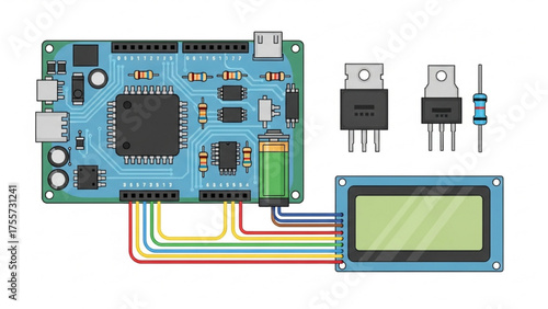 Electronic Circuit Board Assembly with Microcontroller, LCD Display, and Various Components for Prototyping Projects
